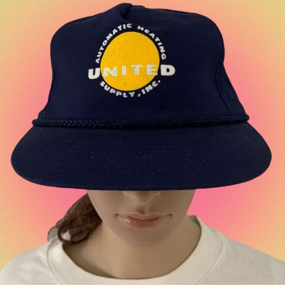 Vintage 80s United Automatic Heating Advertising Trucker Rope Strapback …